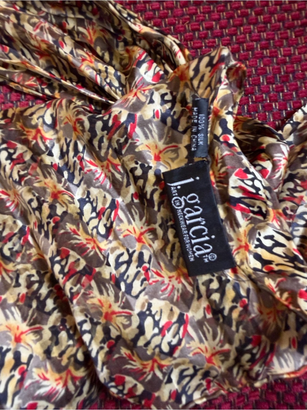 J. Garcia, Multicolor Floral Silk Scarf with Red, Gold and Black Accents